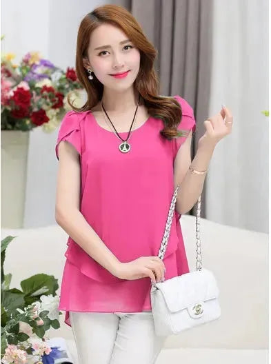New Spring Summer Women Chiffon Loose Blouse  top O-Neck Short sleeve Plus size - EX-STOCK CANADA