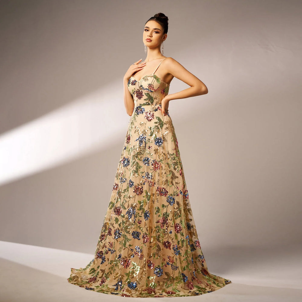 Elegant Sleeveless Sequined Suspender Maxi Evening Dress - EX-STOCK CANADA