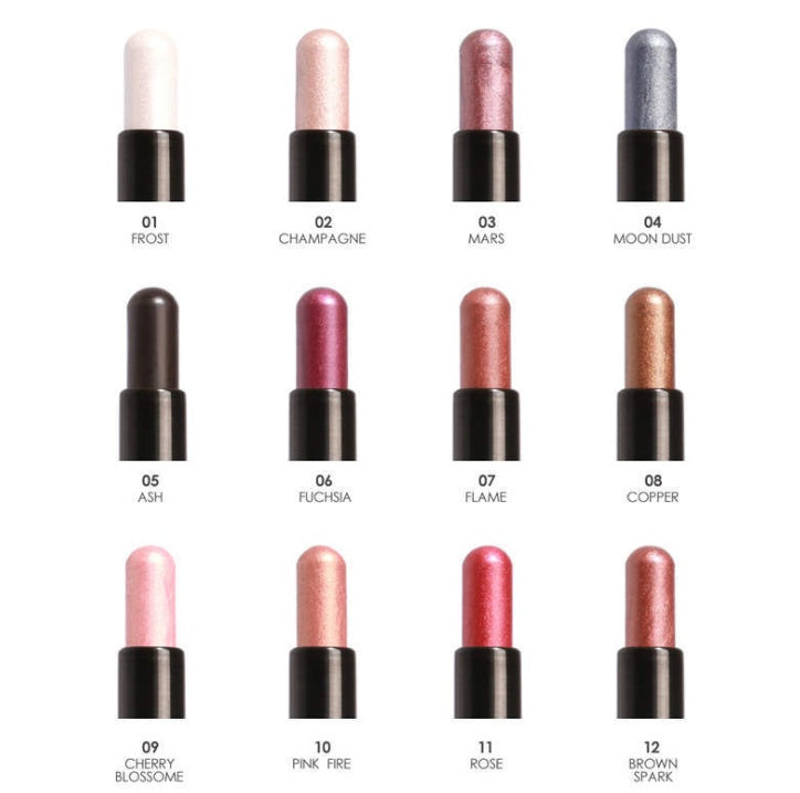 Set of 12 lip glosses with different colors and names on a white background