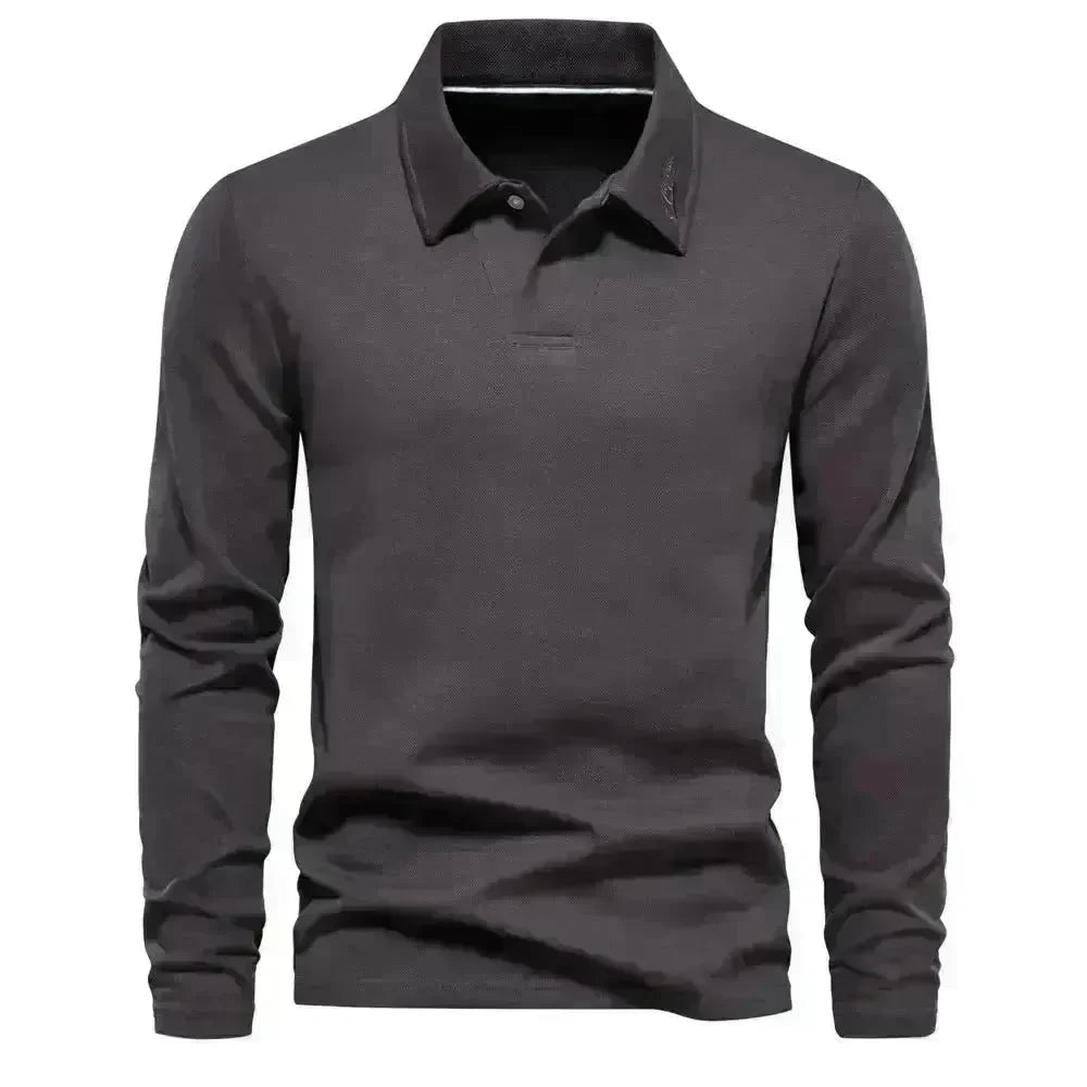 Fashion Plain Lapel Long-sleeved Polo Shirt Men's Casual Autumn Polo sweatshirt - EX-STOCK CANADA