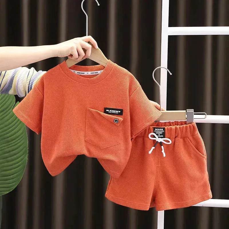 Children's Summer Clothing Casual Plain color Cotton Short Sleeve shirt and Short pant Two-piece Set - EX-STOCK Canada