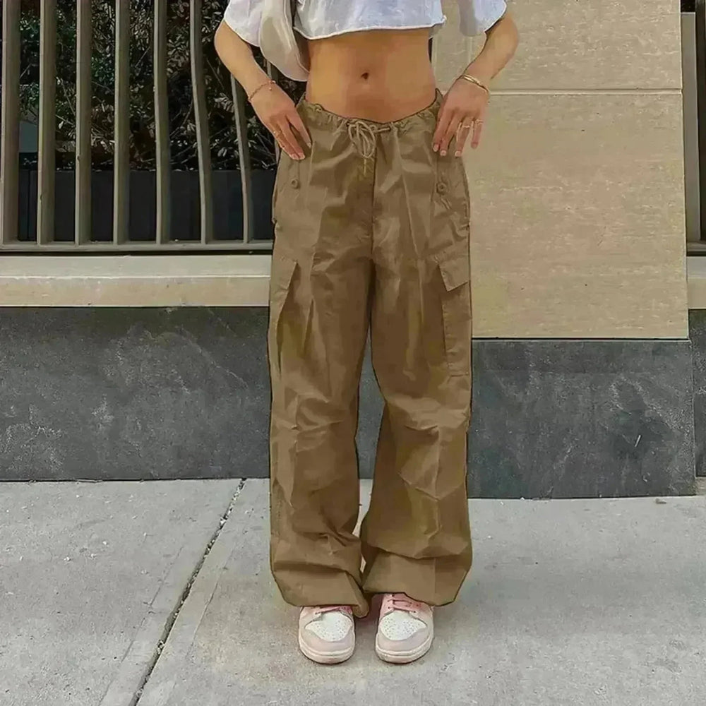 Casual Cargo Pants For Women Solid Color Drawstring Pocket Design Fashion Street Trousers Girls - EX-STOCK CANADA