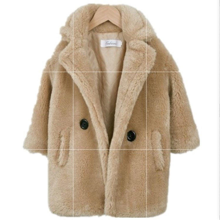 Beige faux fur coat with black buttons on a white background
