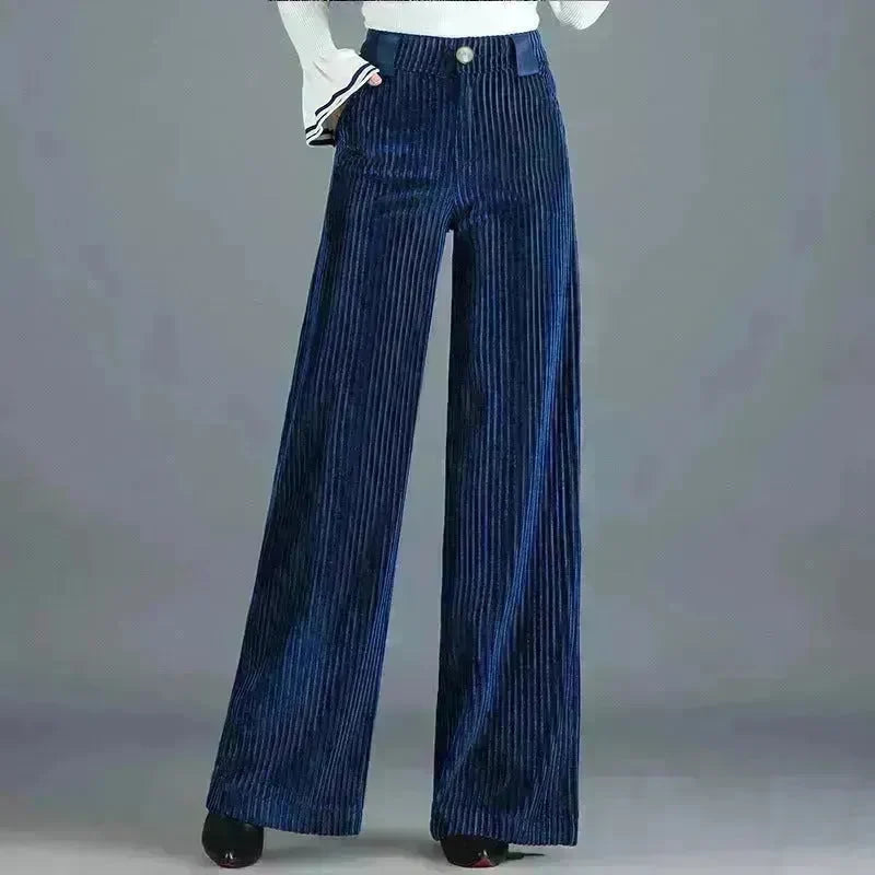 Gold Silk Striped Velvet Wide Leg trouser Pants Women - EX-STOCK CANADA