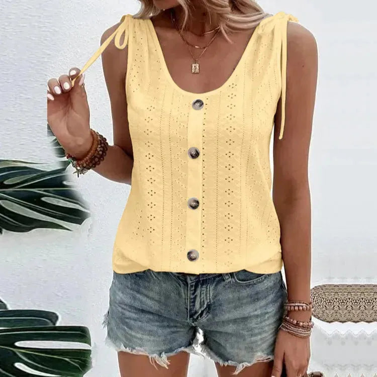 Casual summer U-neck Vest Women Shoulder With Bow Tie Summer blouse top - EX-STOCK CANADA