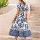 Puff Sleeve dress V Neck Blue Floral Bohemian Midi Dress EX-STOCK
