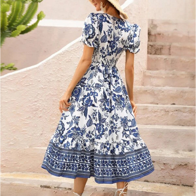 Puff Sleeve dress V Neck Blue Floral Bohemian Midi Dress EX-STOCK