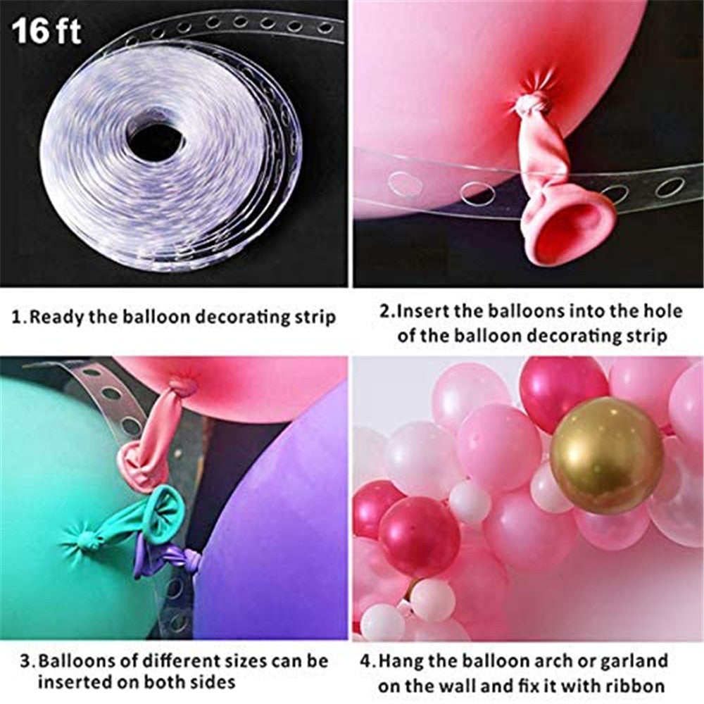 Step-by-step guide on using a balloon decorating strip with balloons.