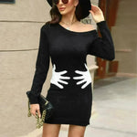 Ins Palm Print Design Winter Knit Dress Fashion Slant Shoulder Long Sleeve Bodycon Dress Women's Clothing - EX-STOCK CANADA