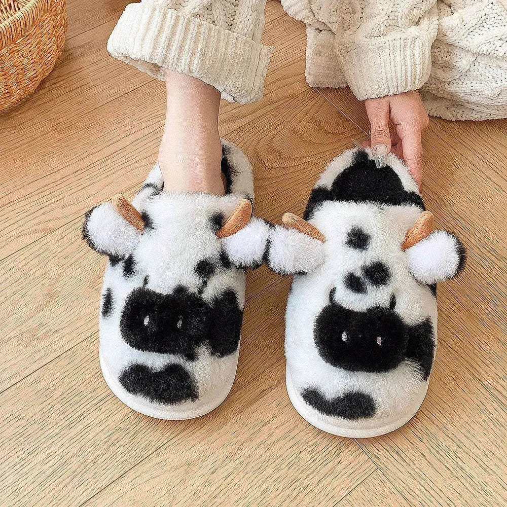 Cute Cartoon Cow Plush Slippers Winter Warm Indoor Bedroom Floor Fuzzy Slipper Couple Non-slip House Shoes - EX-STOCK Canada