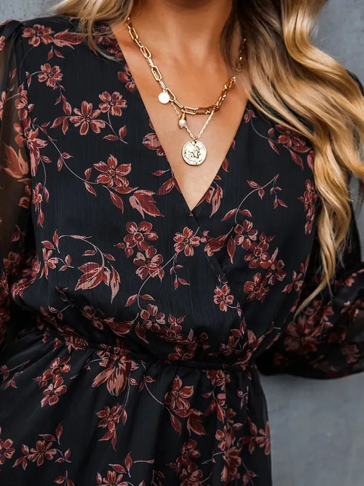 Casual V-neck Elegant Summer Spring Long Sleeve Chiffon Floral mini Dress - EX-STOCK CANADA
