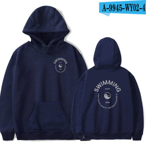 Navy blue hoodie with 'Swimming' text and logo on front and back, on a white background.