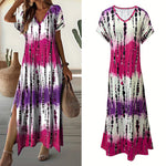 Women's Summer Tie Dye Maxi Dress Short Sleeve V Neck Casual Loose Long Split Dresses EX-STOCK