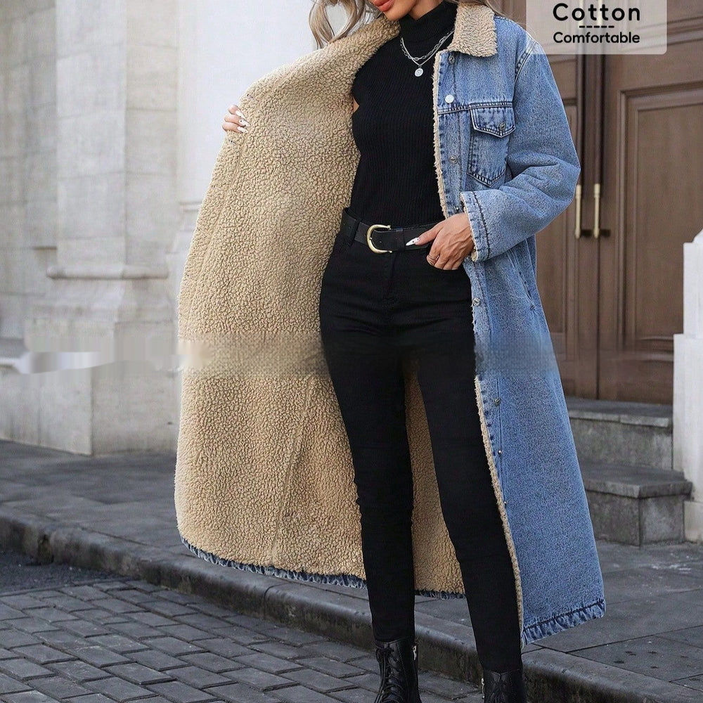 Veste en jean en coton pour femmes, ample et longue, doublée de polaire - EX-STOCK Canada