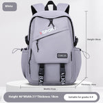 Gray backpack with dimensions and brand name on a white background