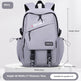Gray backpack with dimensions and brand name on a white background