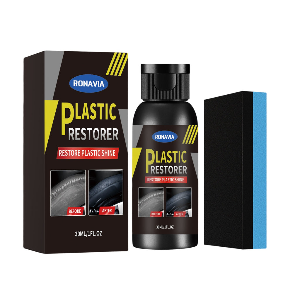 RONAVIA Plastic Restorer kit featuring a black bottle, a black retail box, and a black-and-blue applicator sponge on a plain white background.
