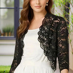 Women's Solid Color Cropped Lace Cardigan - Summer Fashion Medium-Long Sleeve Open Front Top EX-STOCK