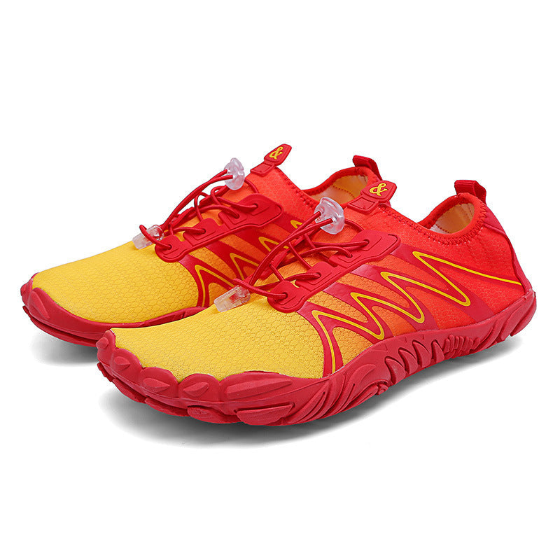Red and yellow shoes on a white background