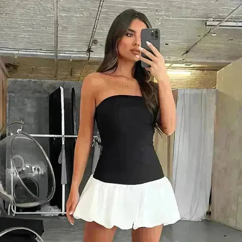 Chic Tube Top Dress Summer Solid Color Pleated Skirt Dress Women Fashion Short Mini Skater Dresses  Evening Party Cocktail Dress for Ladies - EX-STOCK CANADA