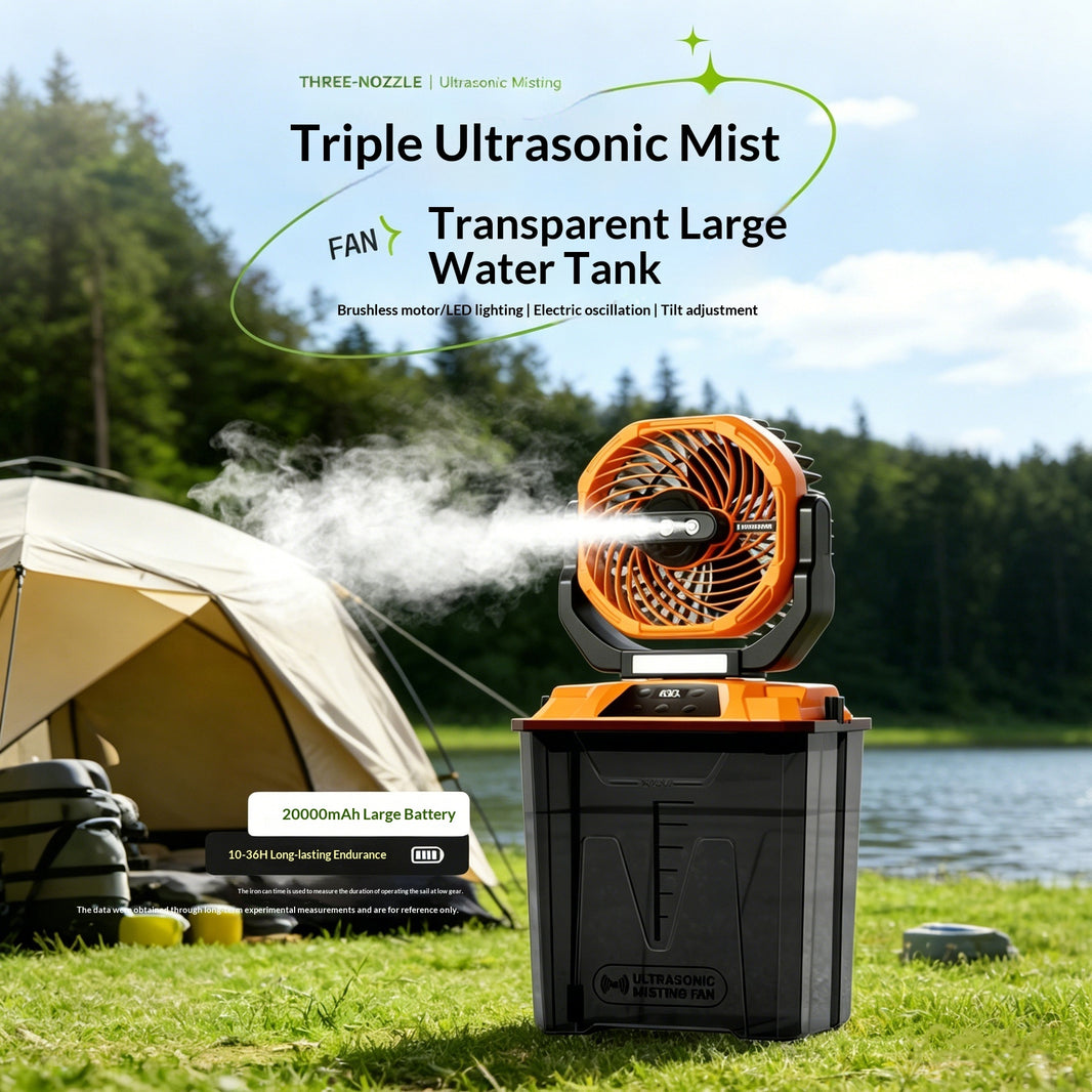 Portable Outdoor Camping Misting Fan – 7L Tank, 20000mAh Rechargeable, Remote Control, LED Light | Orange & Army Green