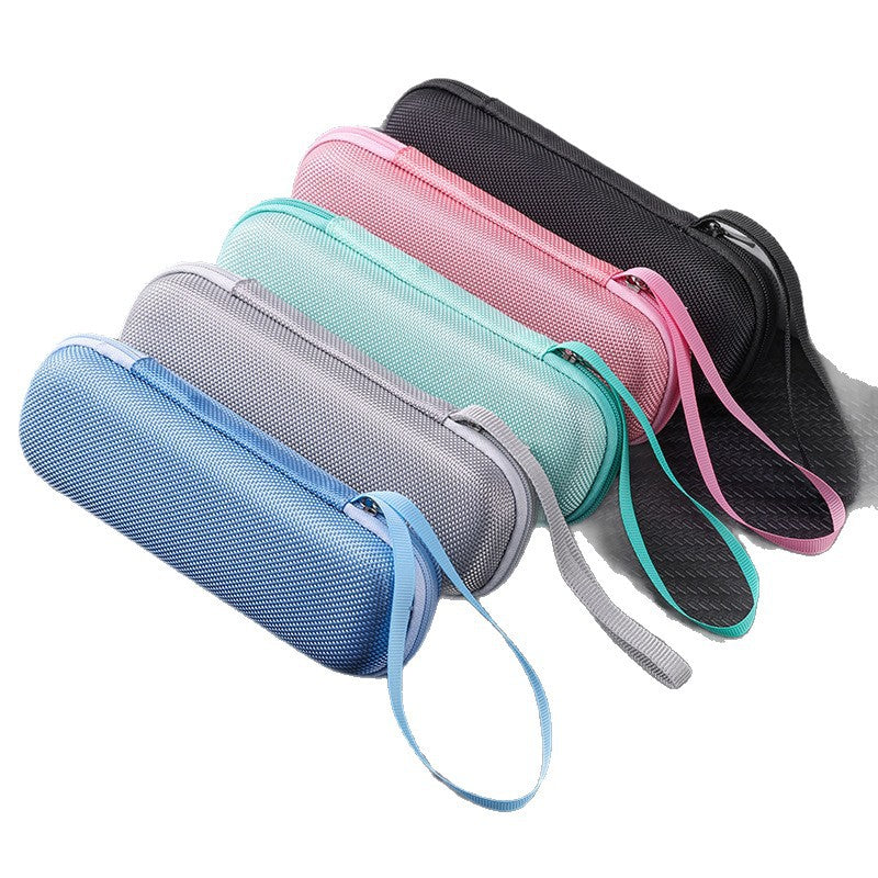 Set of four portable speaker cases in blue, gray, pink, and black on a white background.