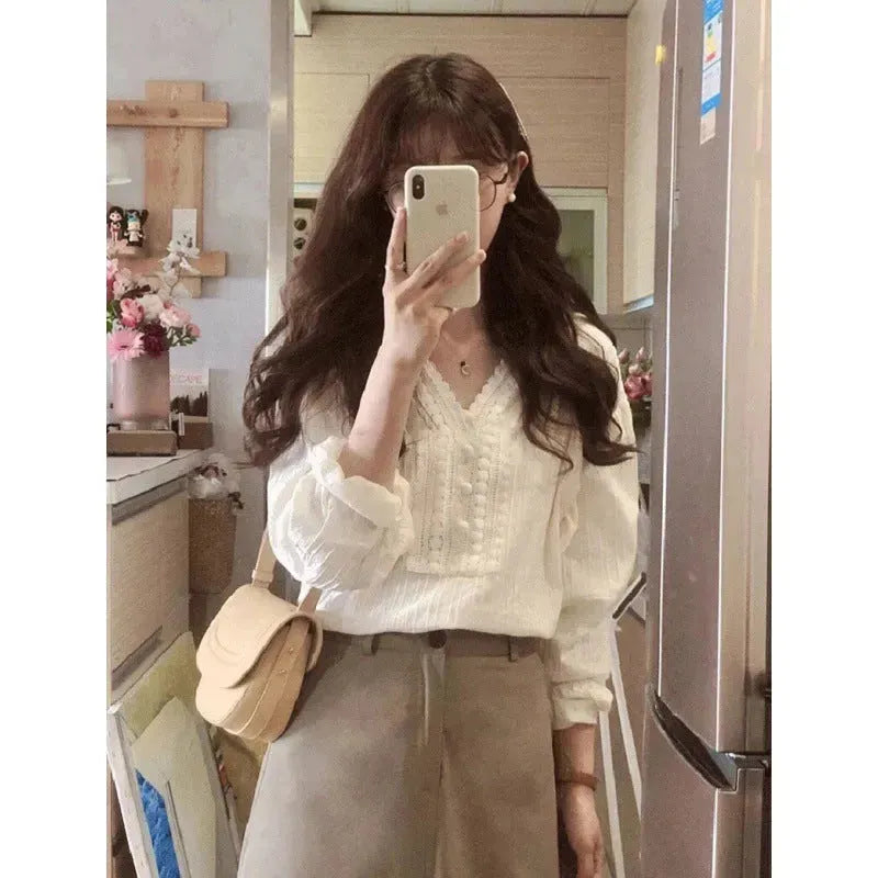 Unique Chic V-neck Long-sleeved Linen blouse top women - EX-STOCK CANADA