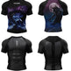 A grid of short-sleeve athletic compression shirts shown from the front and back, featuring various black designs including muscular torso graphics, cartoon cat prints, skull artwork, and leopard-print shoulder panels.
