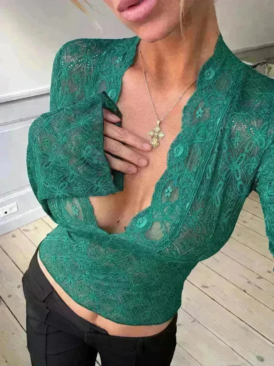 Flowers Lace Long Sleeve Top Y2K Fashion Slim Bottoming Crop Top for Women Casual Lace Top for Women - EX-STOCK CANADA