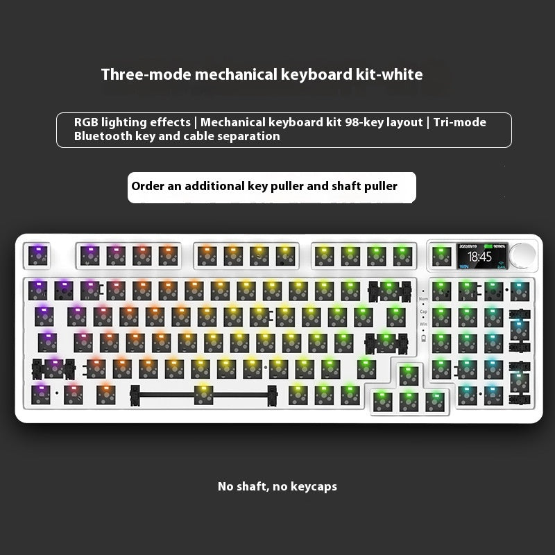 Three-mode mechanical keyboard kit with RGB lighting effects on a black background