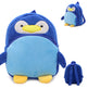 Blue penguin-shaped backpack with yellow feet and beak on a white background