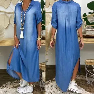New washed denim dress Side Split Loose Mum Long Jeans Dress - EX-STOCK CANADA