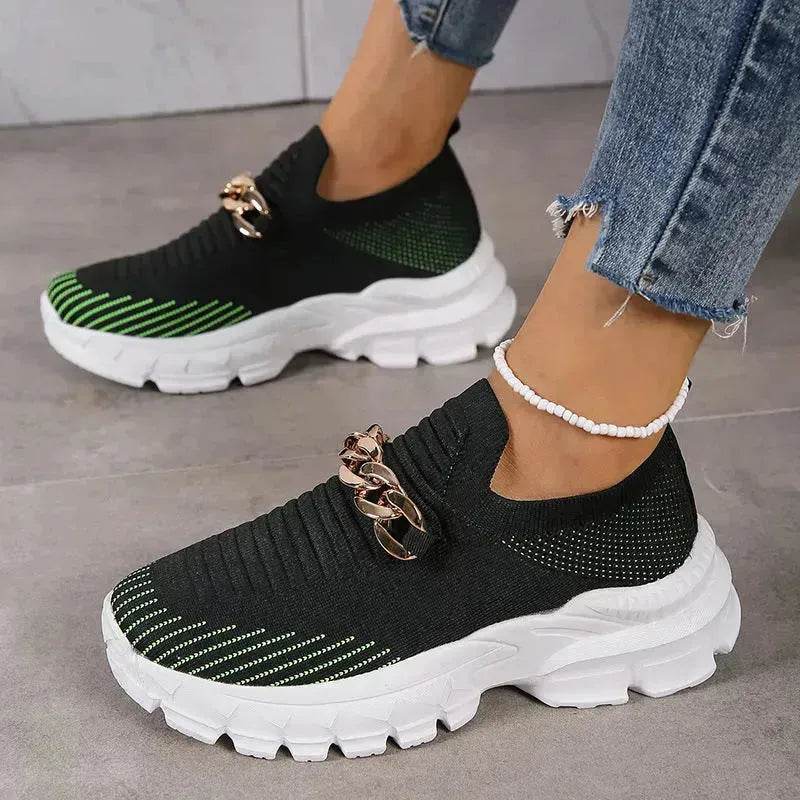Fashion Chain Design Mesh Shoes For Women Breathable Casual Soft Sole Walking Sock Slip On Flat Chunky Sneakers Shoes for Women - EX-STOCK Canada