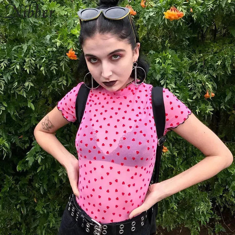 Nibber new Women Heart-shaped Print Pink see-through Tops Tee summer fashion wild Elastic Slim Soft O-Neck short sleeve Tank top - EX-STOCK CANADA