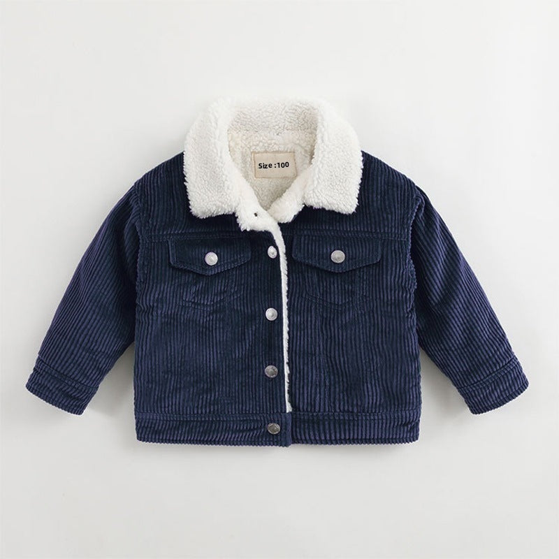 Navy blue corduroy jacket with white sherpa lining on a light gray background