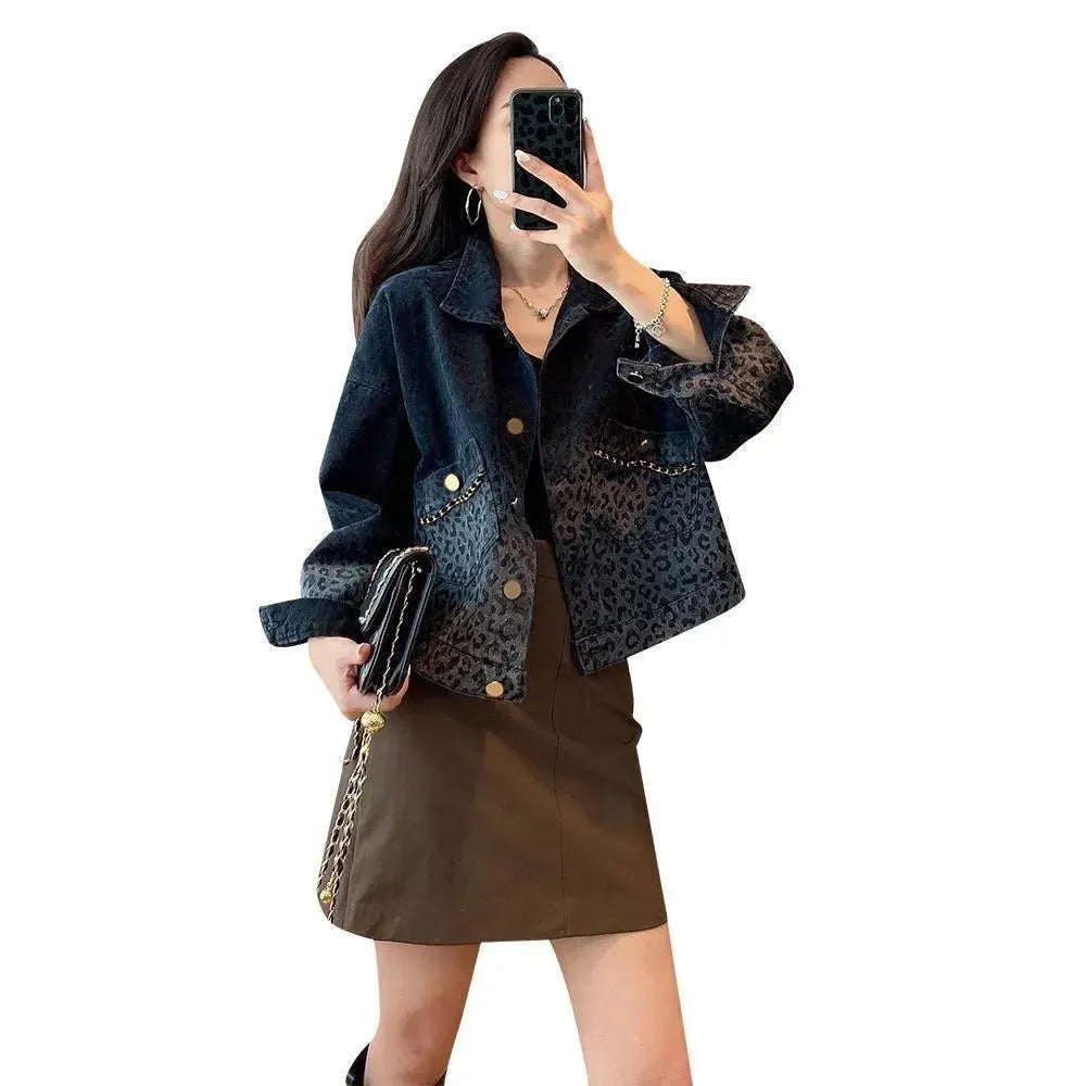 Black Retro Leopard Print Denim Jacket For Women - EX-STOCK CANADA