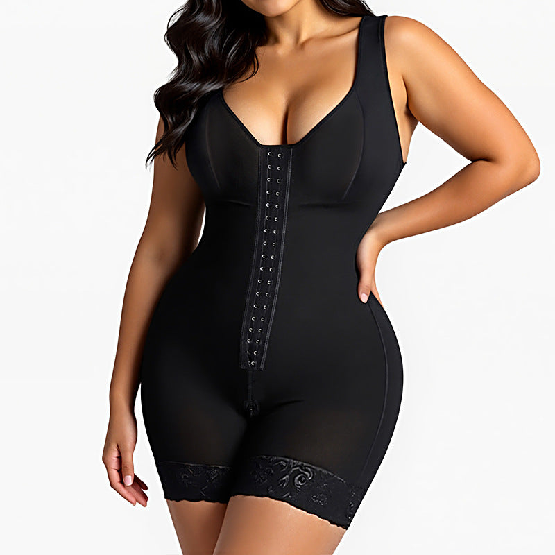 Women's Nylon Corset Bodysuit with Zipper – Belly Control, Hip Lift & Lumbar Support | Black & Skin