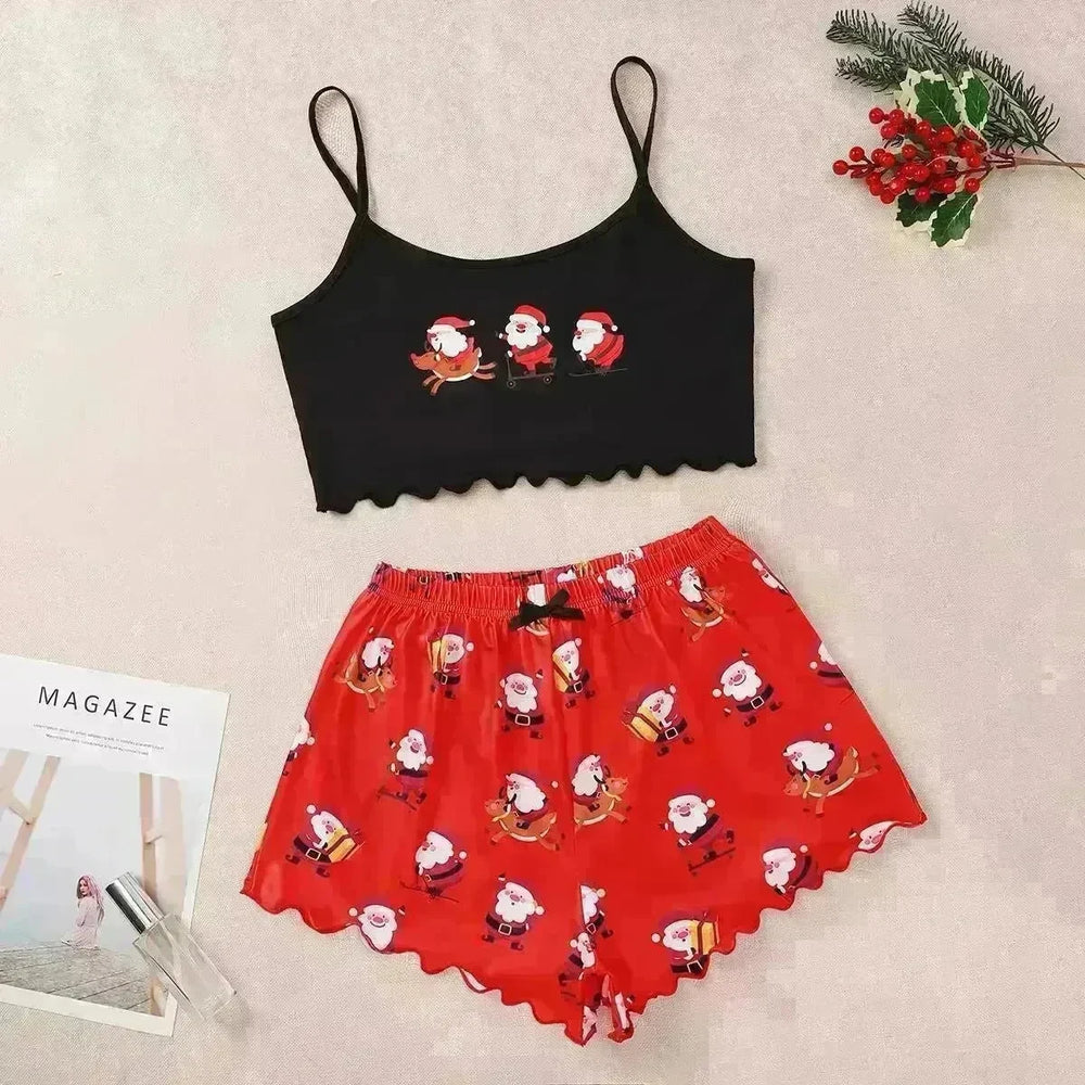 Christmas European And American Thin Pajamas Women's Sleeveless Shorts Milk Silk Simple Casual Two-piece Suit Homewear - EX-STOCK CANADA