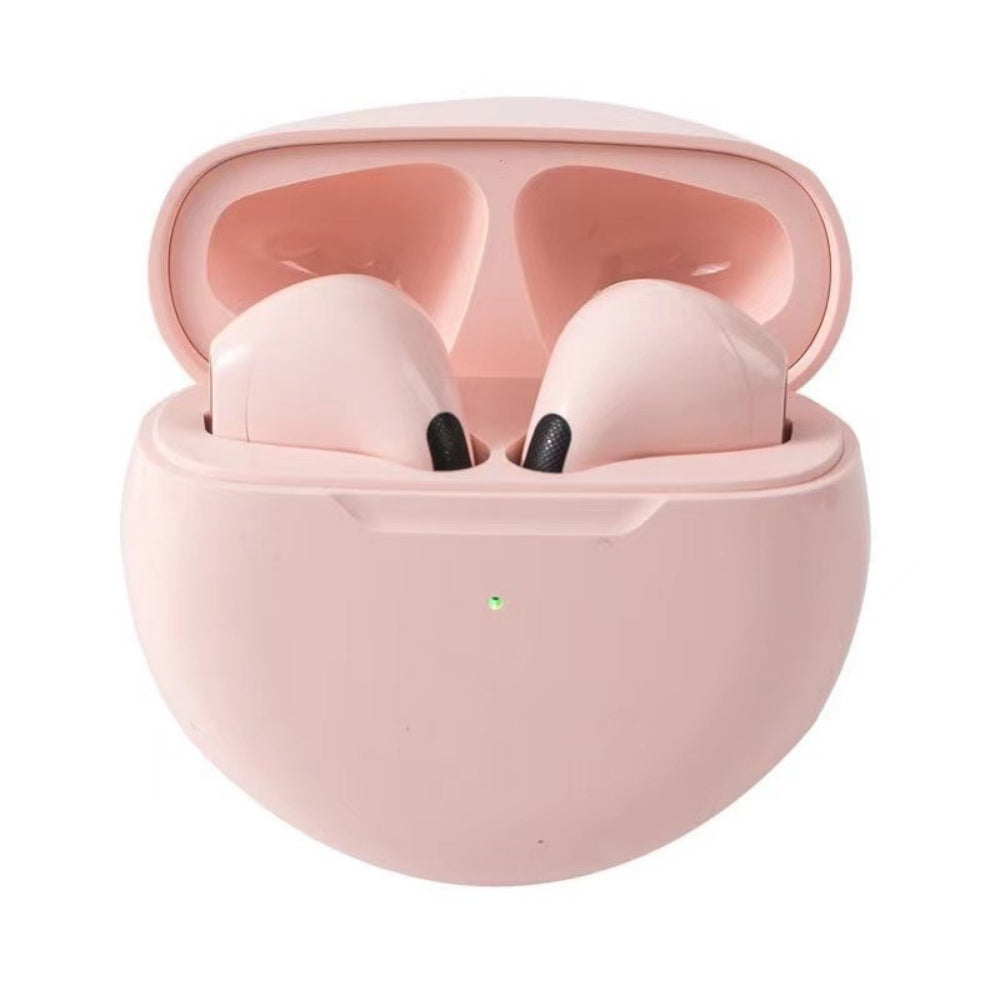 Pink wireless earbuds in a charging case on a white background