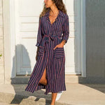 Stripe Shirt Women's Dress Spring Summer Chiffon V-neck Sexy Maxi Dresses Sexy Elegant Casual Girl Lace Women Long Sleeve - EX-STOCK CANADA