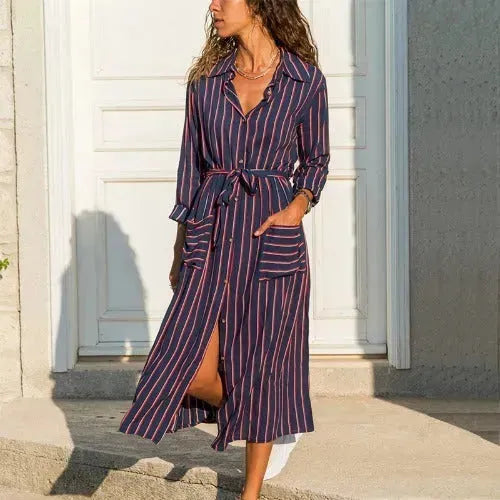 Stripe Shirt Women's Dress Spring Summer Chiffon V-neck Sexy Maxi Dresses Sexy Elegant Casual Girl Lace Women Long Sleeve - EX-STOCK CANADA