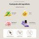 List of food-grade safe ingredients with corresponding icons and descriptions on a beige background.