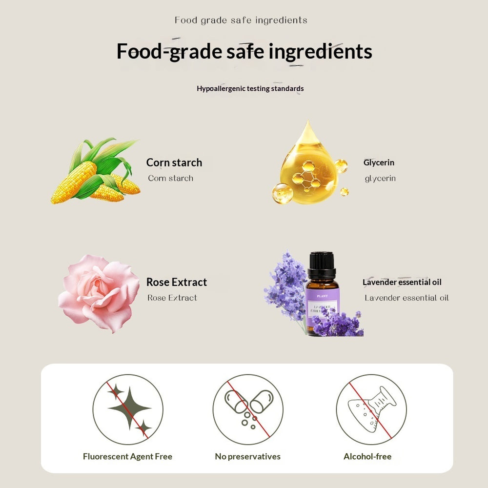 List of food-grade safe ingredients with corresponding icons and descriptions on a beige background.
