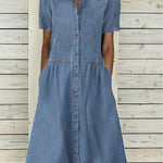 Women's European And American Lapel Casual loose button down Midi Denim jeans Mum Dress - EX-STOCK Canada