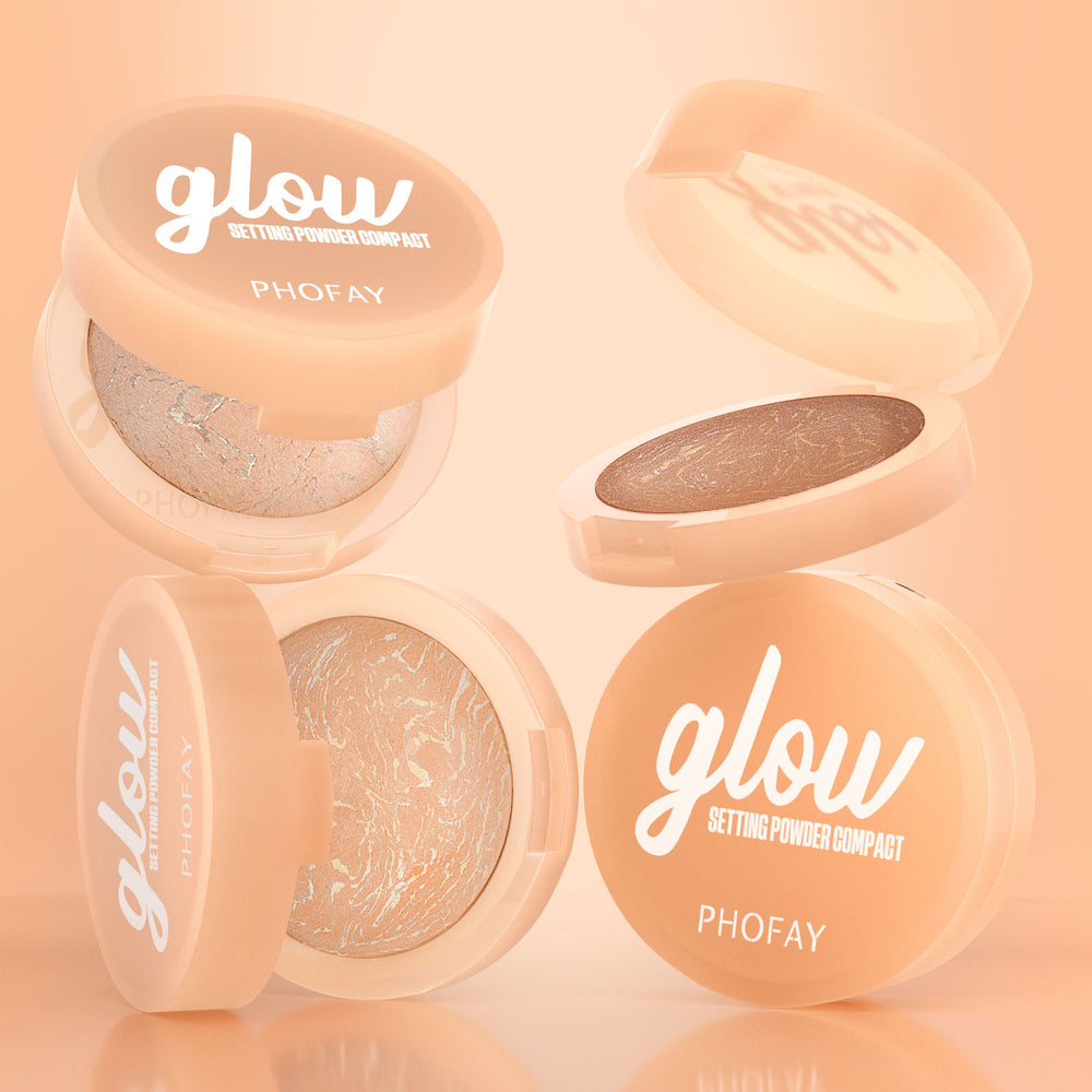 Compact de poudre fixante PHOFAY glow sur un fond pêche