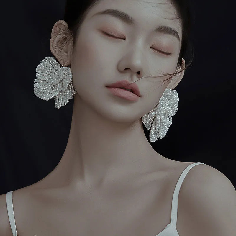 Bridal Beautiful Flowers Handmade Beaded Pearl Earrings - EX-STOCK CANADA