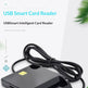 A USB smart card reader device in black plastic with a coiled black cable, shown on a clean white background with promotional text overlays.