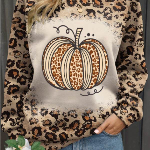 Brown Bleached Halloween Pumpkin Leopard Print Sweatshirt - EX-STOCK Canada