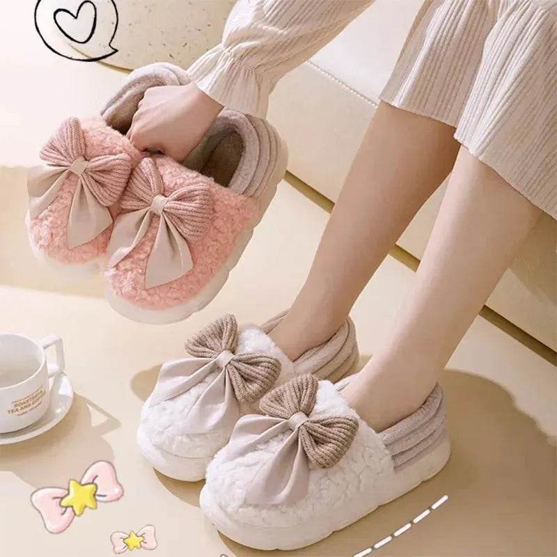 Big Bow-knot Fluffy Slippers Winter Warm Covered Heel Cotton Shoes Fashion Thick-soled Platform Slippers Indoor And Outdoor Garden Walking Shoes - EX-STOCK Canada