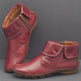 Pair of red leather ankle boots on a gray background